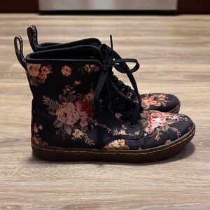 Dr. Martens AirWair with Bouncing Soles Black Floral Lace-Up Ankle Boots
